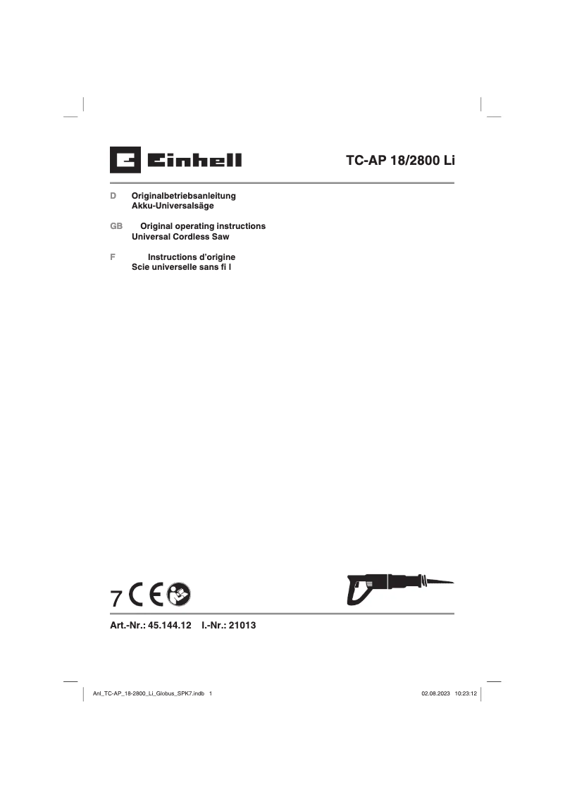 Page 1 de la notice Manuel utilisateur Einhell TC-AP 18/2800 Li