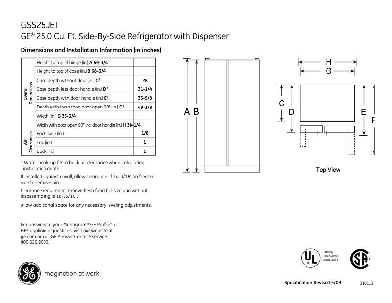 Page 1 de la notice Fiche technique GE GSS25JETBB
