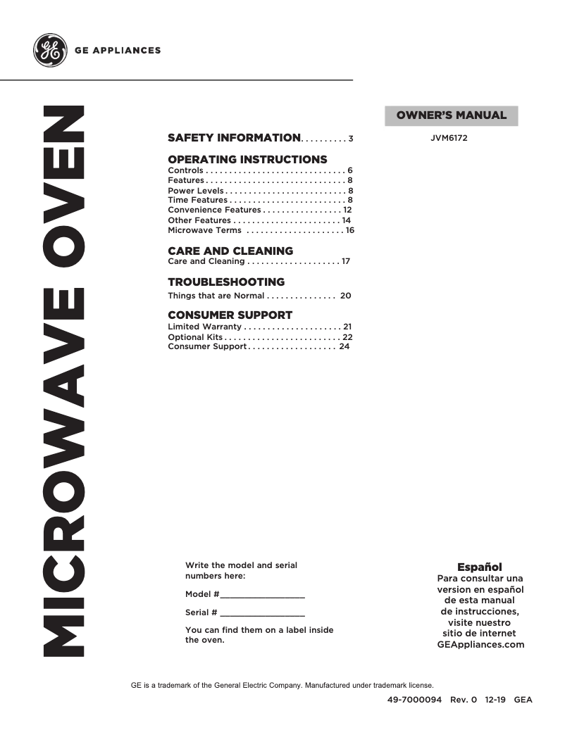 Page 1 de la notice Manuel utilisateur GE JVM6172SKSS