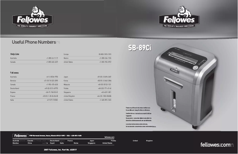 Page n°1 - Manuel utilisateur Fellowes Intellishred SB-89Ci