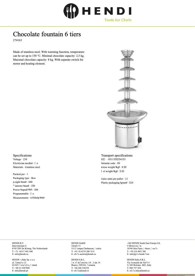 Page n°1 - Fiche technique Hendi 274163