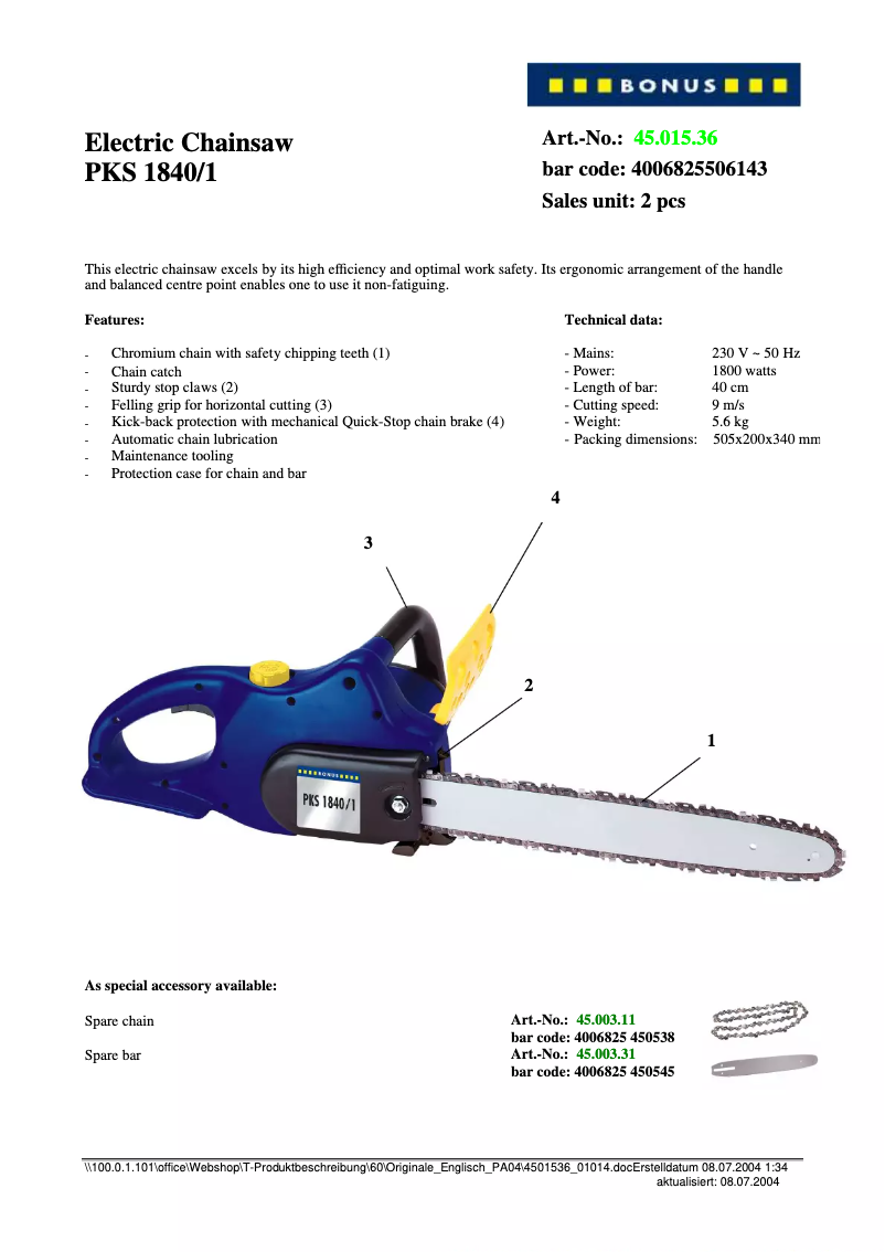Page n°1 - Manuel utilisateur Bonus PKS 1840/1