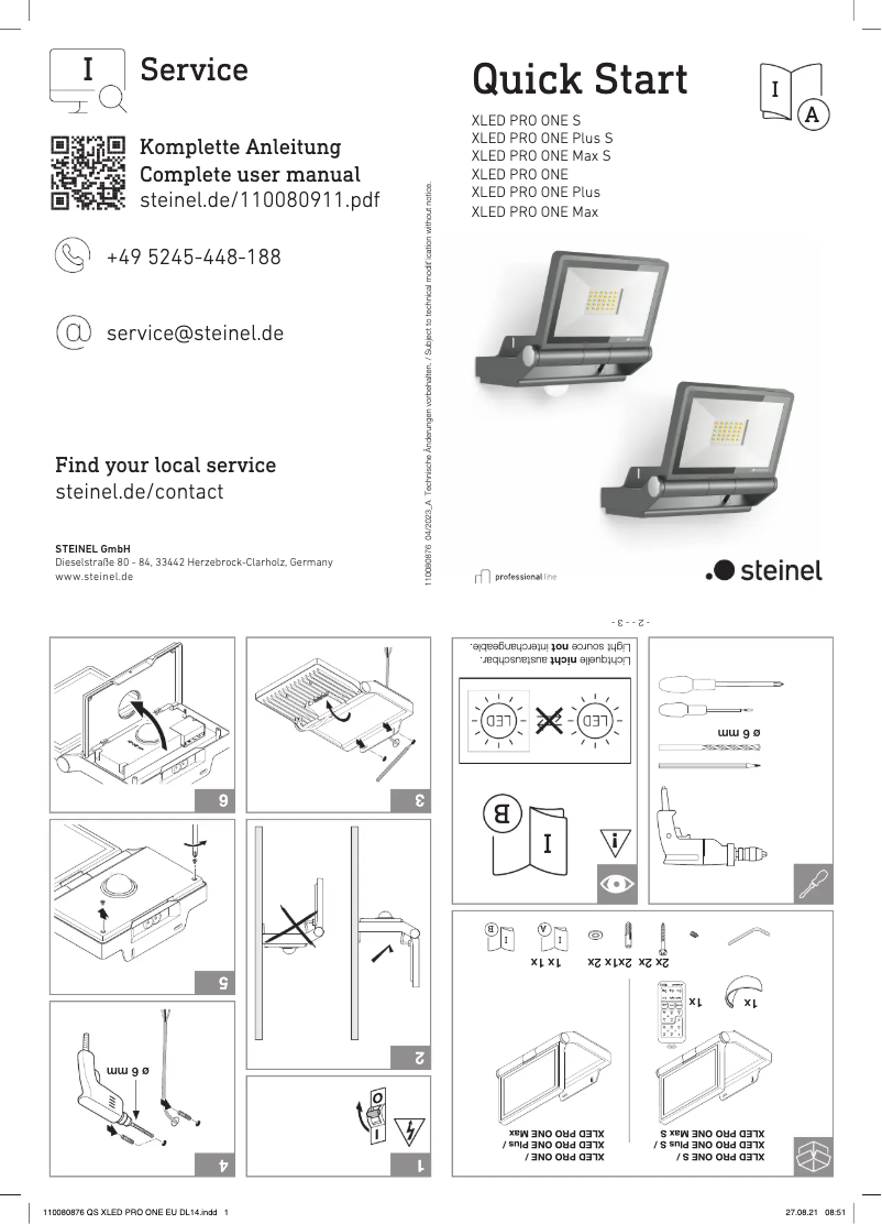 Page 1 de la notice Guide de démarrage rapide Steinel XLED PRO ONE Plus S