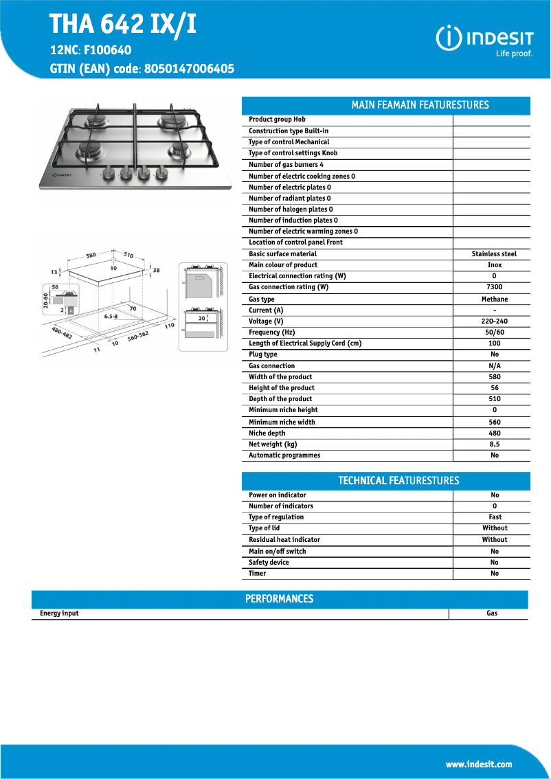 Page 1 de la notice Fiche technique Indesit THA 642 IX/I