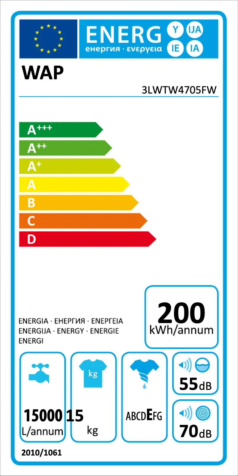 Page 1 de la notice Label énergétique Whirlpool 3LWTW4705FW