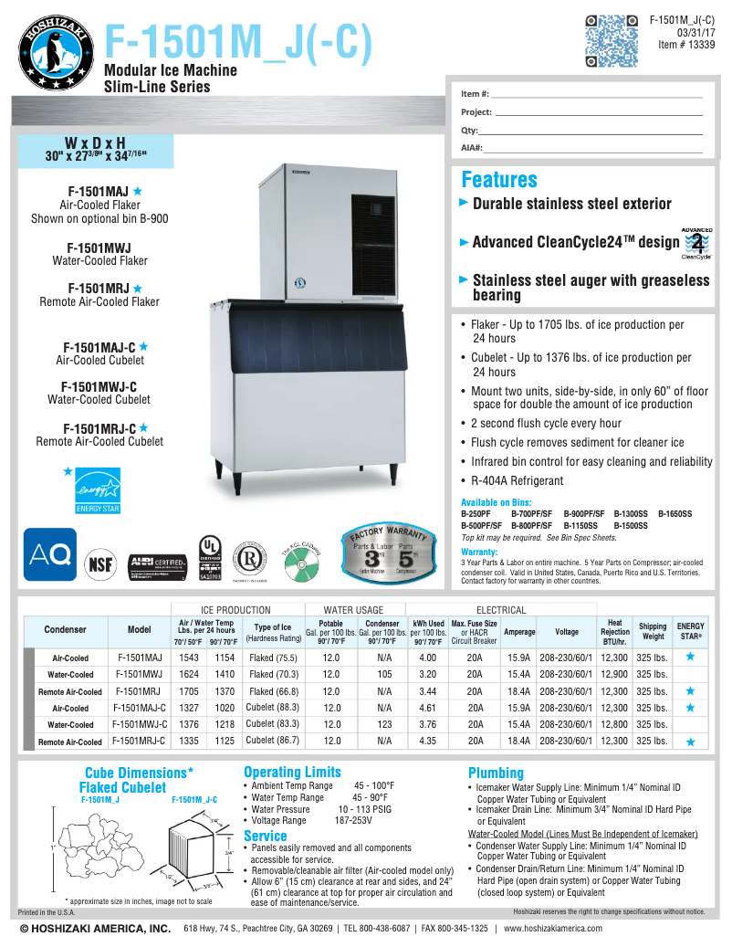 Page 1 de la notice Fiche technique Hoshizaki F-1501MAJ-C