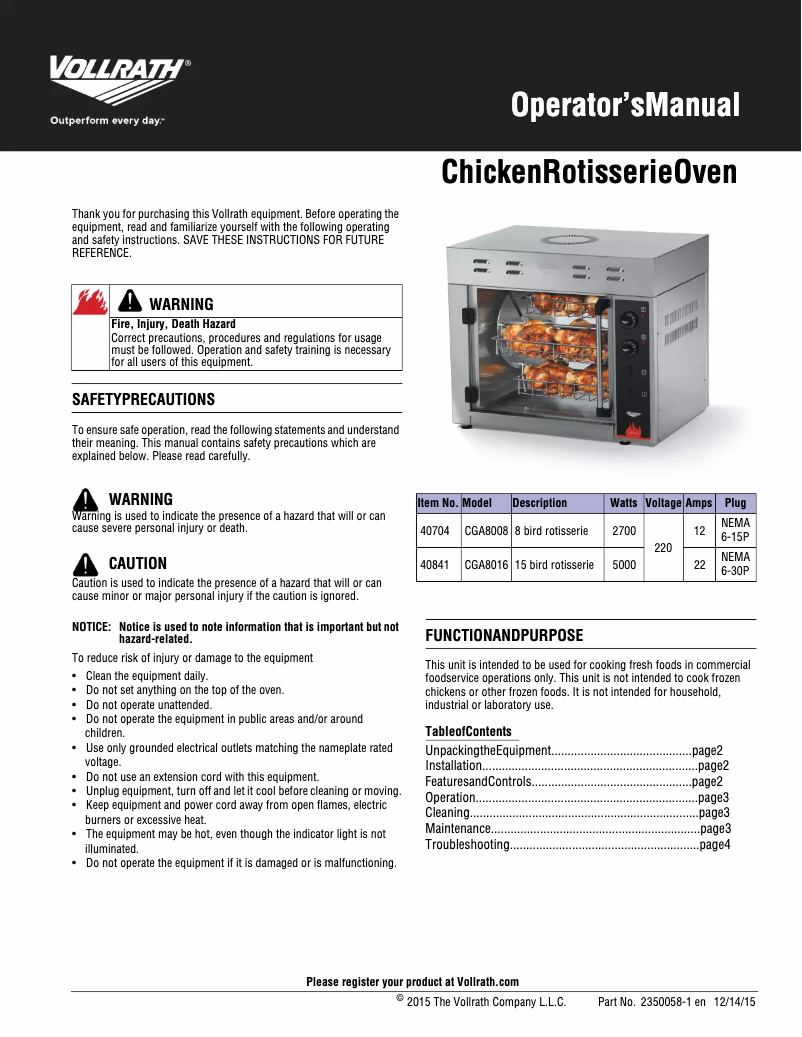 Page 1 de la notice Manuel utilisateur Vollrath CGA8016