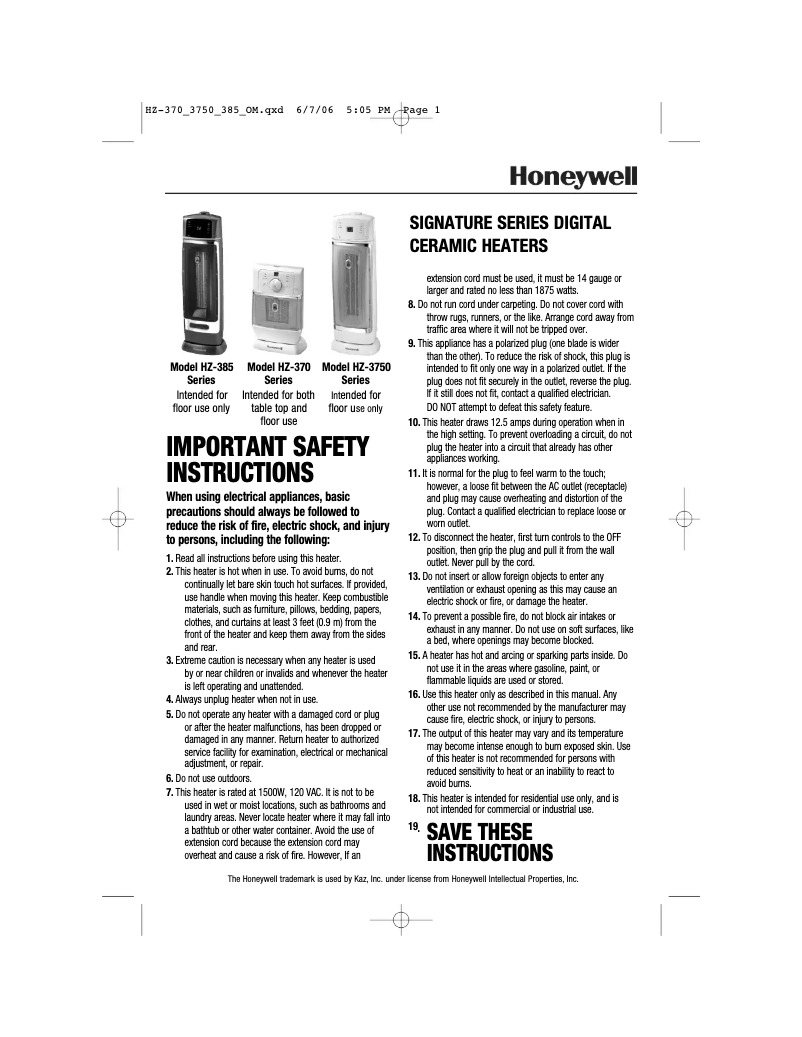 Page n°1 - Manuel utilisateur Honeywell HZ-370