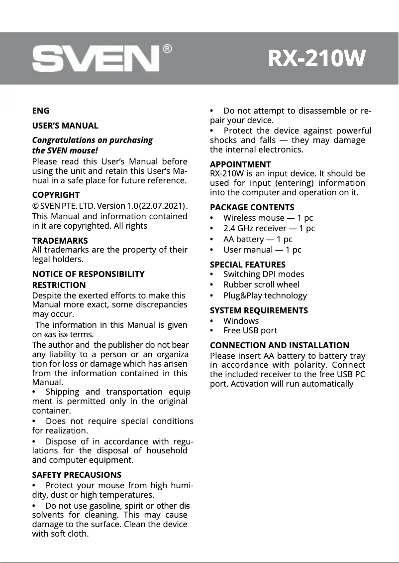 Page 1 of the manual User Manual Sven RX-210W