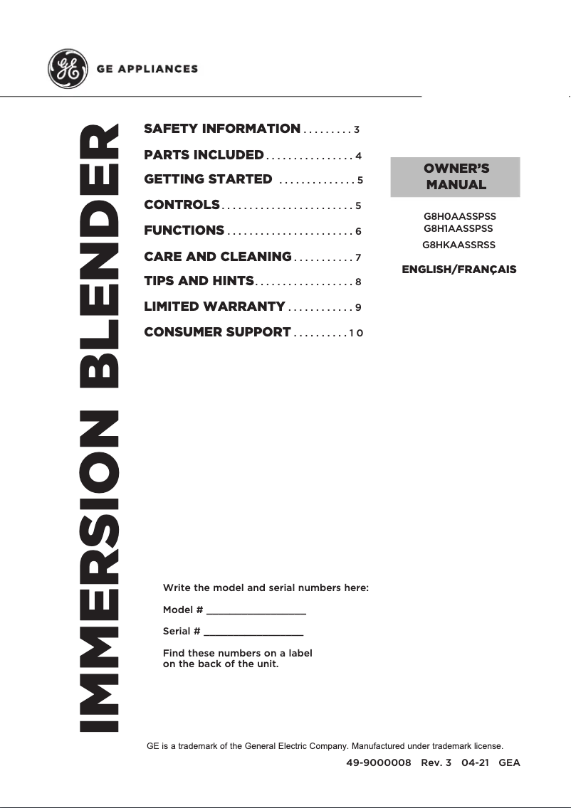 Page n°1 - Manuel utilisateur GE G8H0AASSPSS