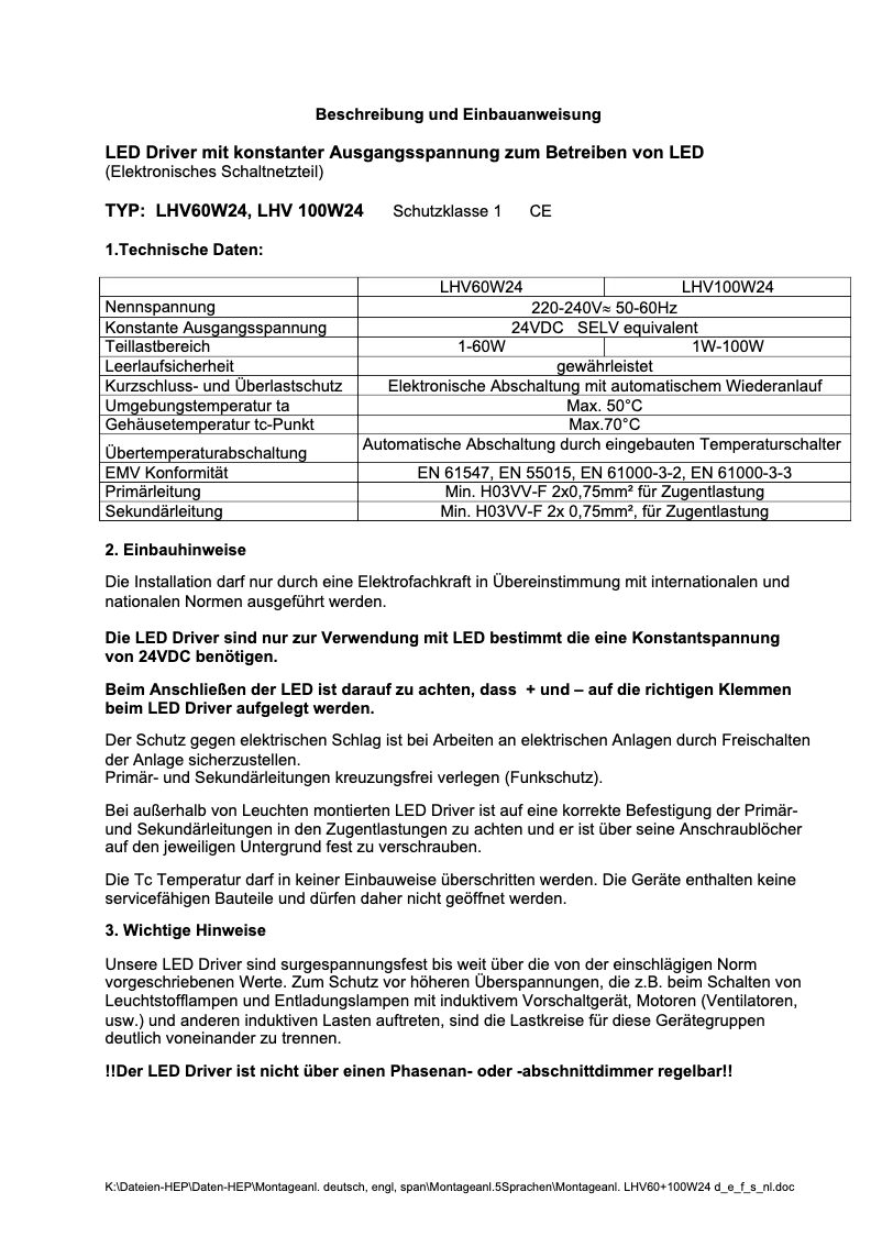 Page n°1 - Manuel utilisateur SLV 470500
