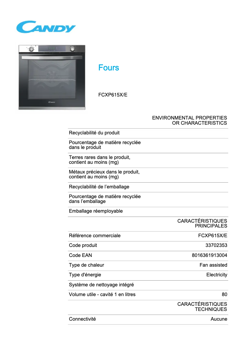 Page 1 de la notice Fiche technique Candy FCXP615X/E