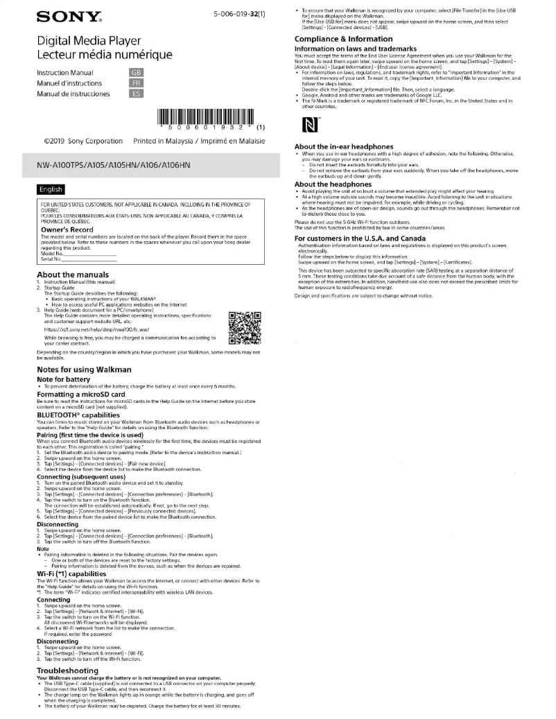 Image de la première page du manuel de l'appareil Walkman NW-A105
