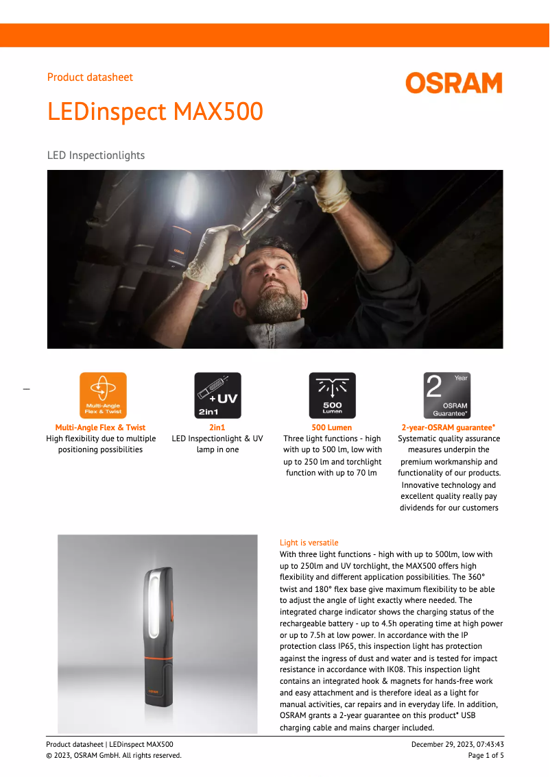 Page n°1 - Fiche technique Osram LEDinspect MAX500