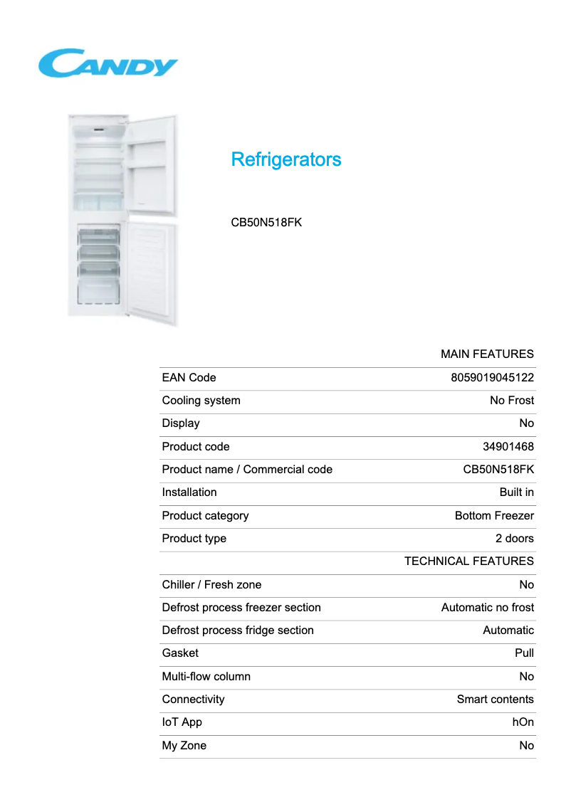 Page 1 de la notice Fiche technique Candy CB50N518FK