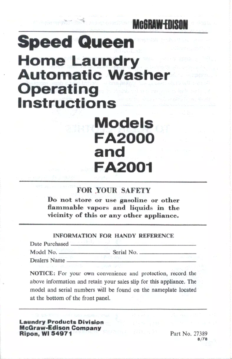 Page 1 de la notice Manuel utilisateur Speed Queen FA2000