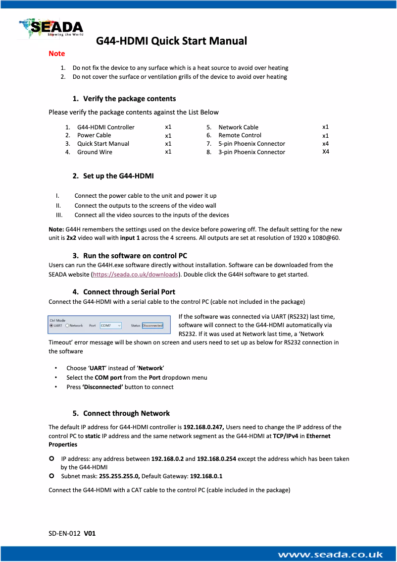 Page n°1 - Manuel utilisateur SEADA G44-HDMI