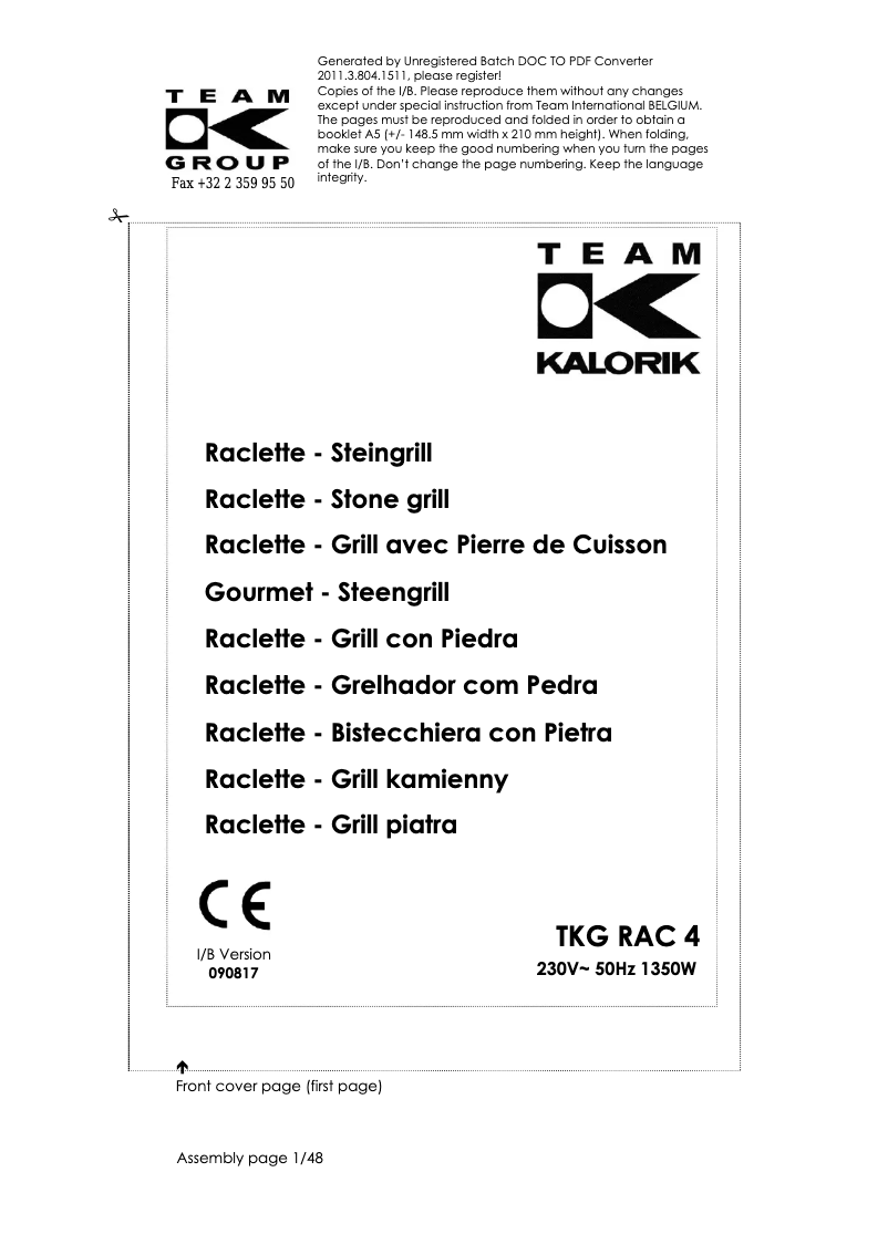 Page 1 de la notice Manuel utilisateur Kalorik TKG RAC 4