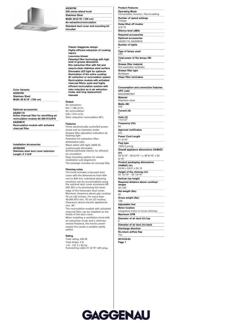 Página 1 del manual Ficha técnica Gaggenau AI230700