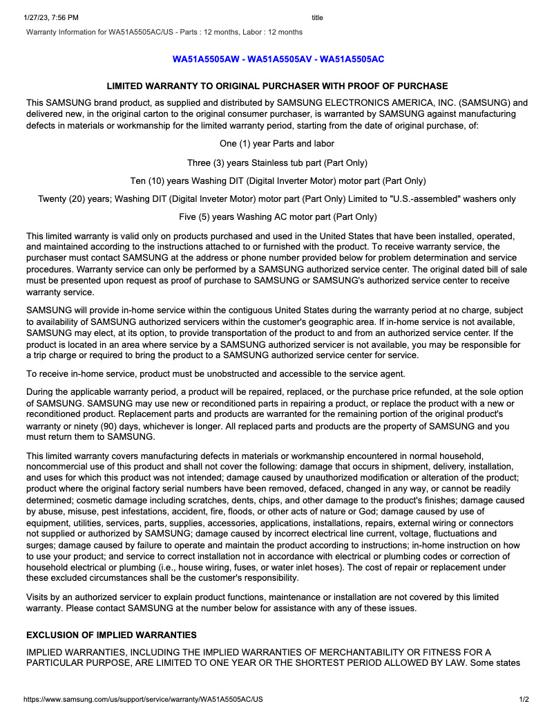 Página 1 del manual Información de garantía Samsung WA51A5505AC