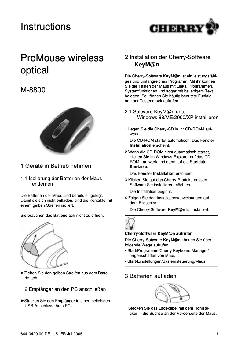 Page 1 de la notice Manuel utilisateur Cherry ProMouse M-8800