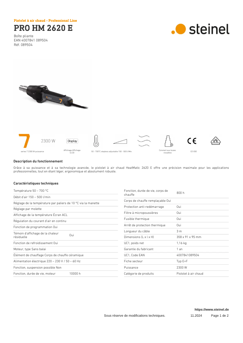 Página 1 del manual Ficha técnica Steinel PRO HM 2620 E