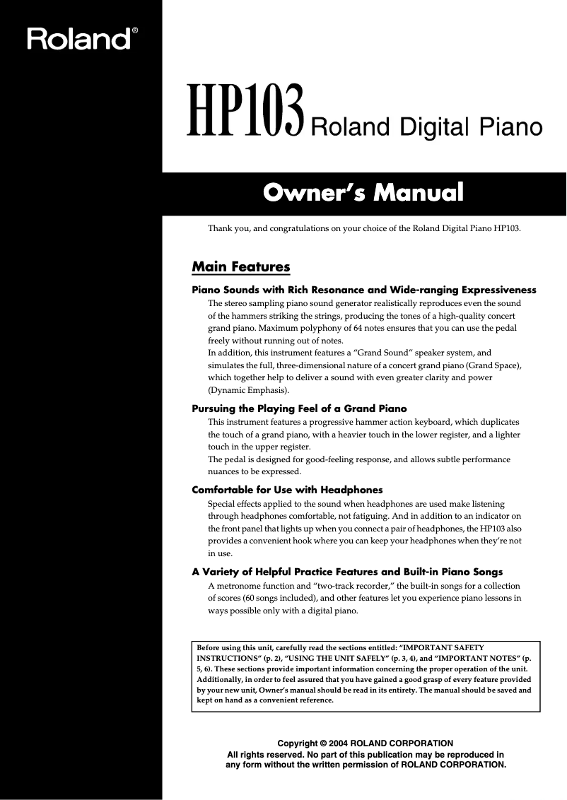 Page 1 de la notice Manuel utilisateur Roland HP-103