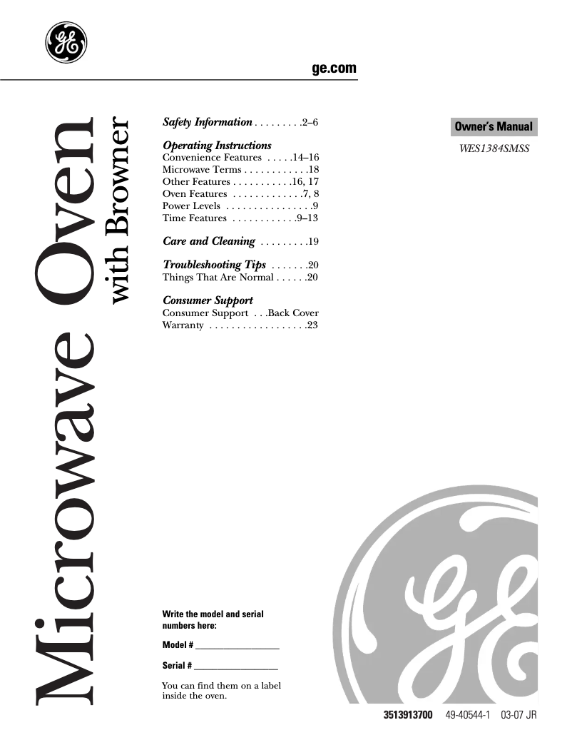 Page n°1 - Manuel utilisateur GE WES1384SMSS