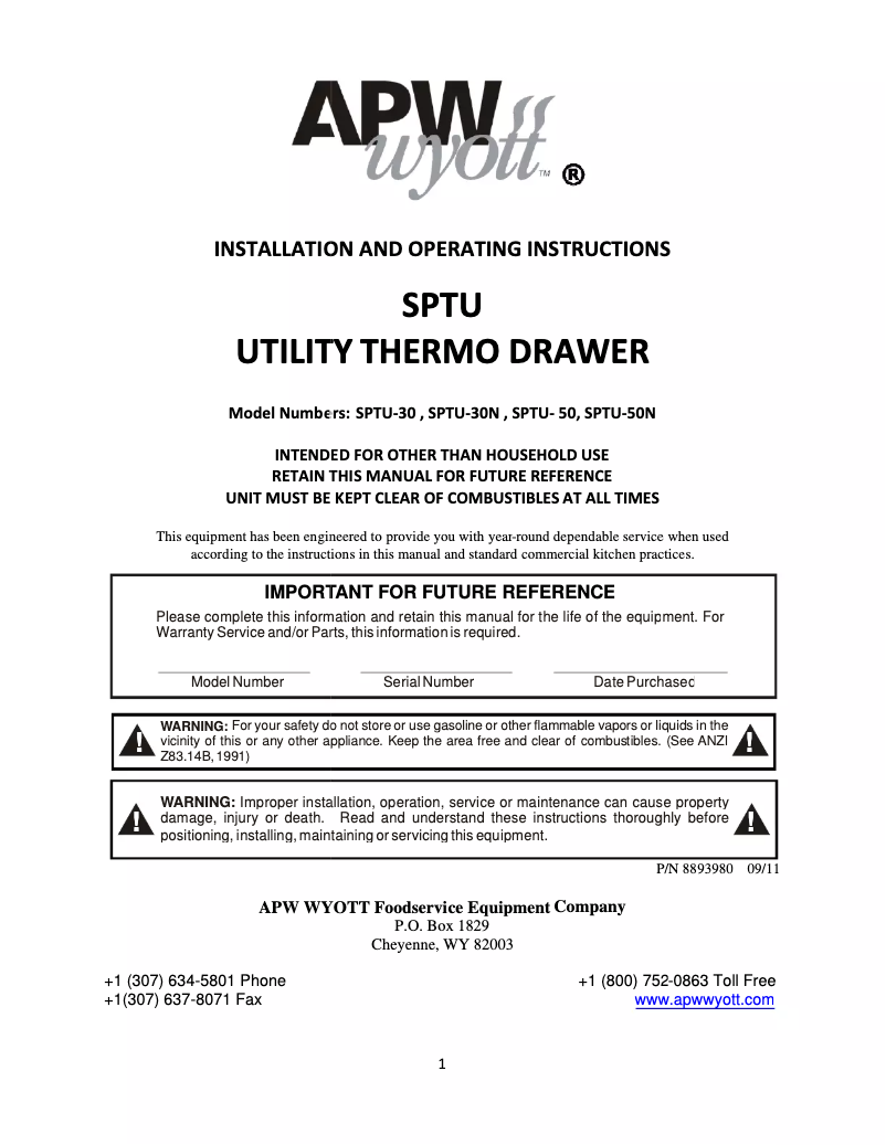 Page 1 de la notice Manuel utilisateur APW Wyott SPTU-30N
