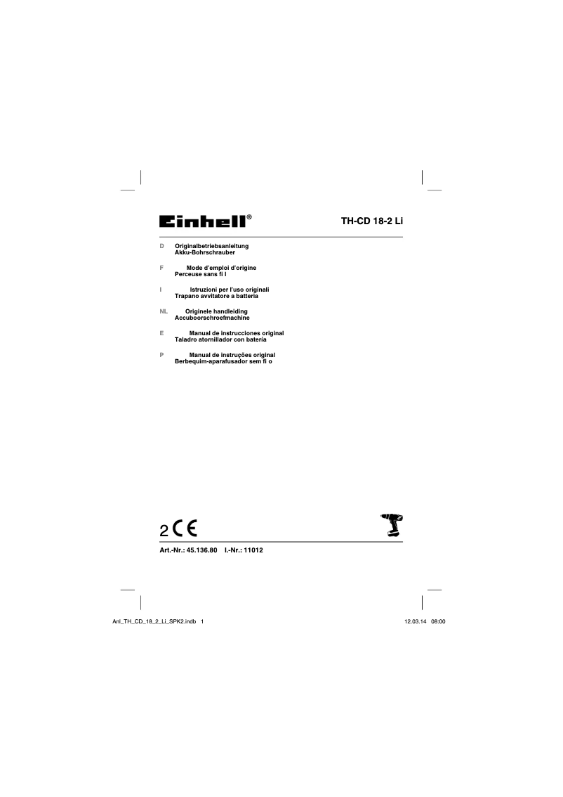 Page 1 de la notice Manuel utilisateur Einhell TH-CD 18-2 LI