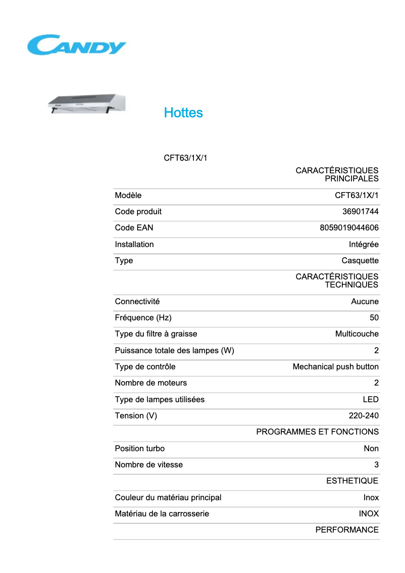 Page 1 de la notice Fiche technique Candy CFT63/1X