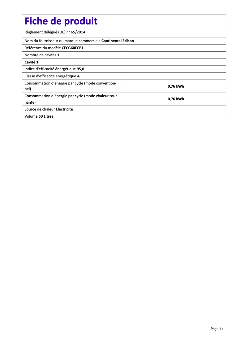 Página 1 del manual Etiqueta energética Continental Edison CECG60FCS1