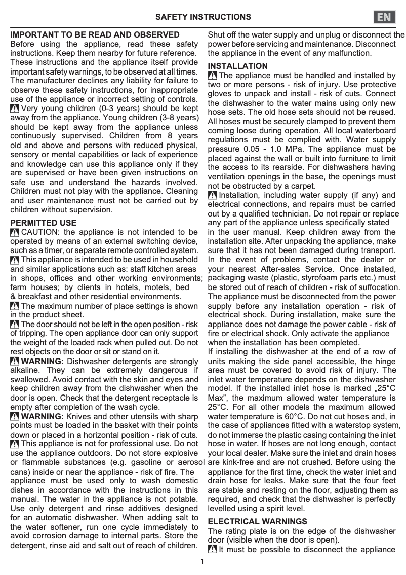 Page n°1 - Instructions de sécurité Indesit DFO 3C23 X UK