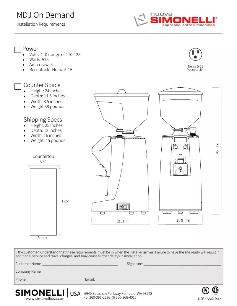 Page 1 de la notice Fiche technique Nuova Simonelli MDJ On-Demand