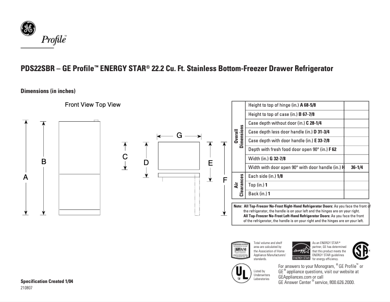 Page 1 de la notice Fiche technique GE Profile PDS22SBRLSS
