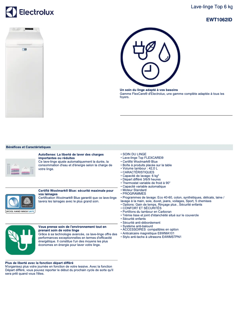 Page 1 de la notice Fiche technique Electrolux EWT1062ID