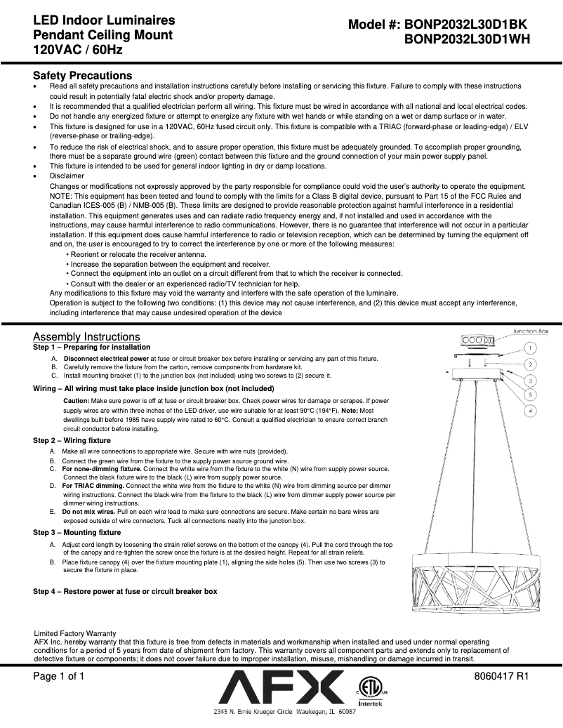 Page n°1 - Manuel utilisateur AFX Boon BONP2032L30D1BK