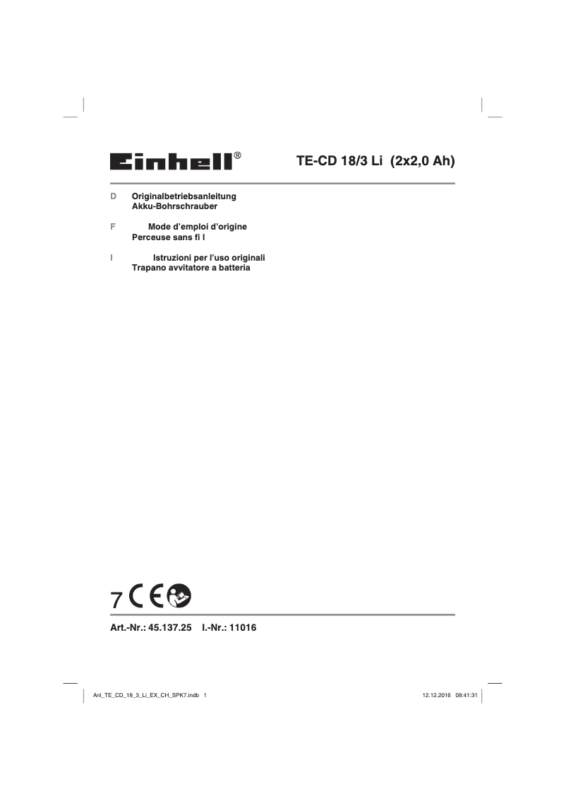 Page 1 de la notice Manuel utilisateur Einhell TE-CD 18/3 Li