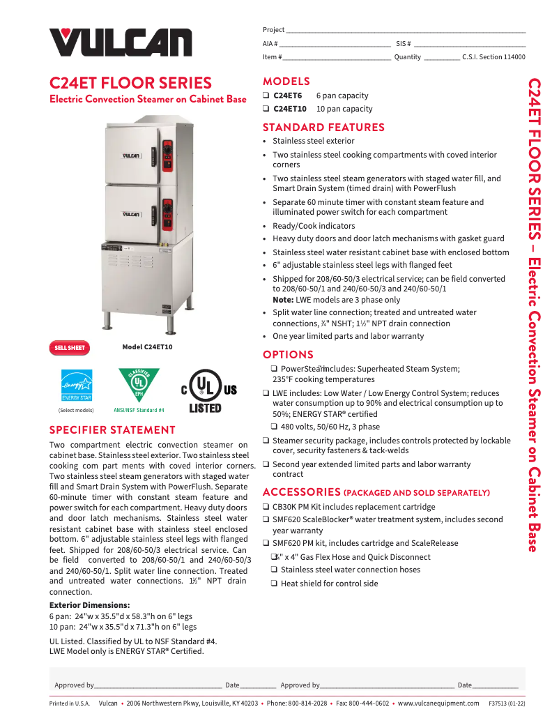 Page 1 de la notice Fiche technique Vulcan C24ET6-LWE
