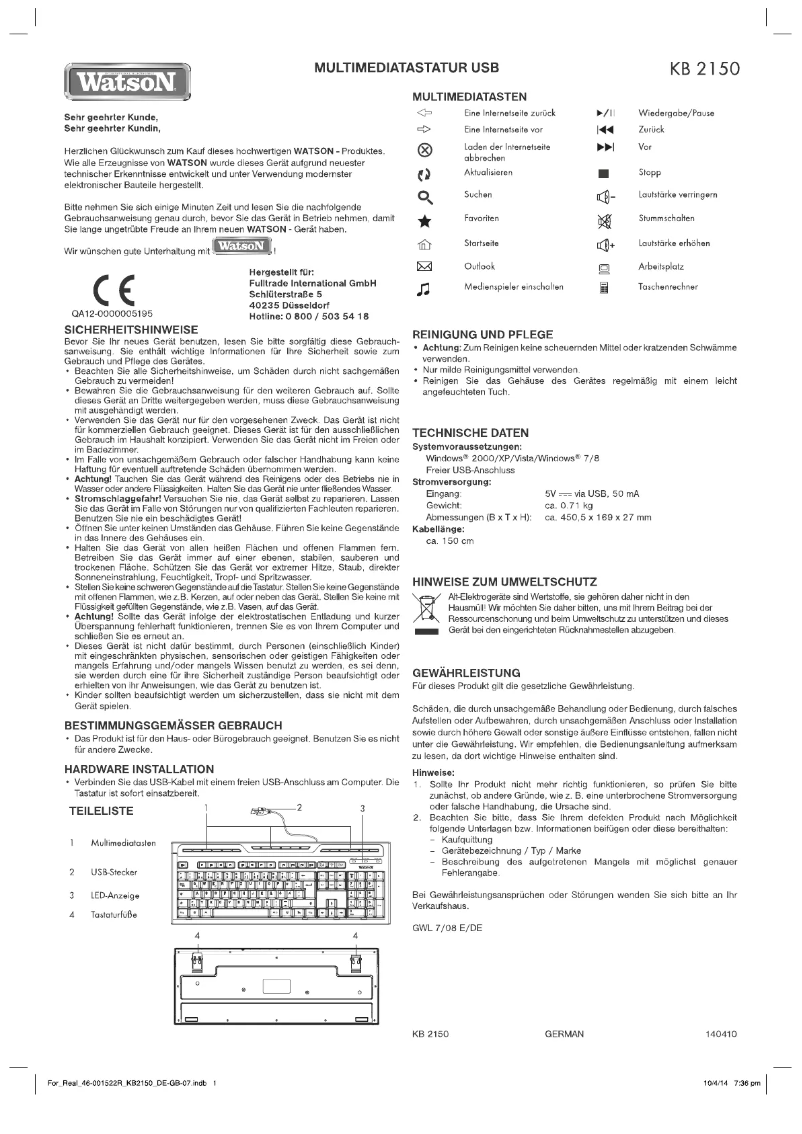Page 1 de la notice Manuel utilisateur Watson KB 2150