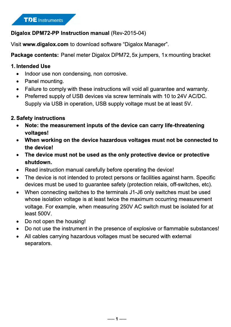 Page 1 de la notice Manuel utilisateur TDE Instruments Digalox DPM72-PP
