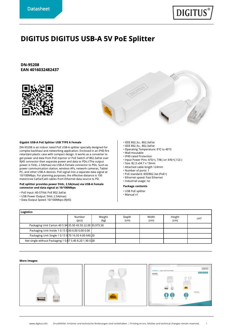 Page 1 de la notice Fiche technique Digitus DN-95208