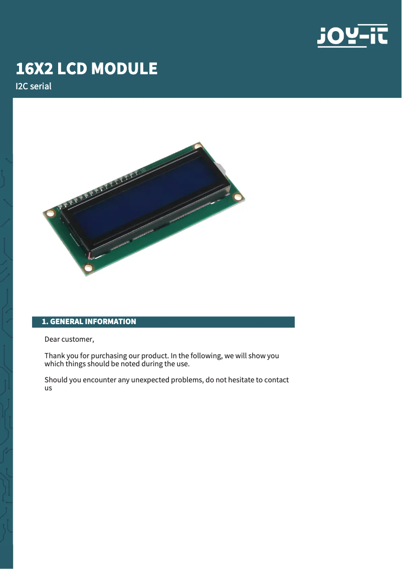Page n°1 - Manuel utilisateur Joy-It SBC-LCD16x2