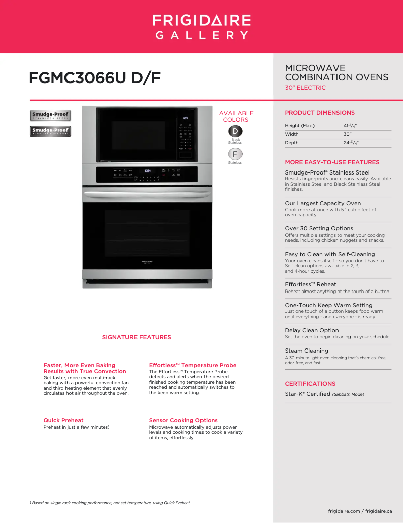 Page 1 de la notice Fiche technique Frigidaire FGMC3066UD