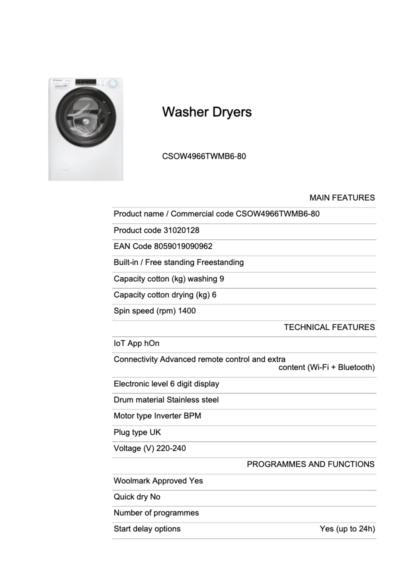 Page 1 de la notice Fiche technique Candy CSOW4966TWMB6-80