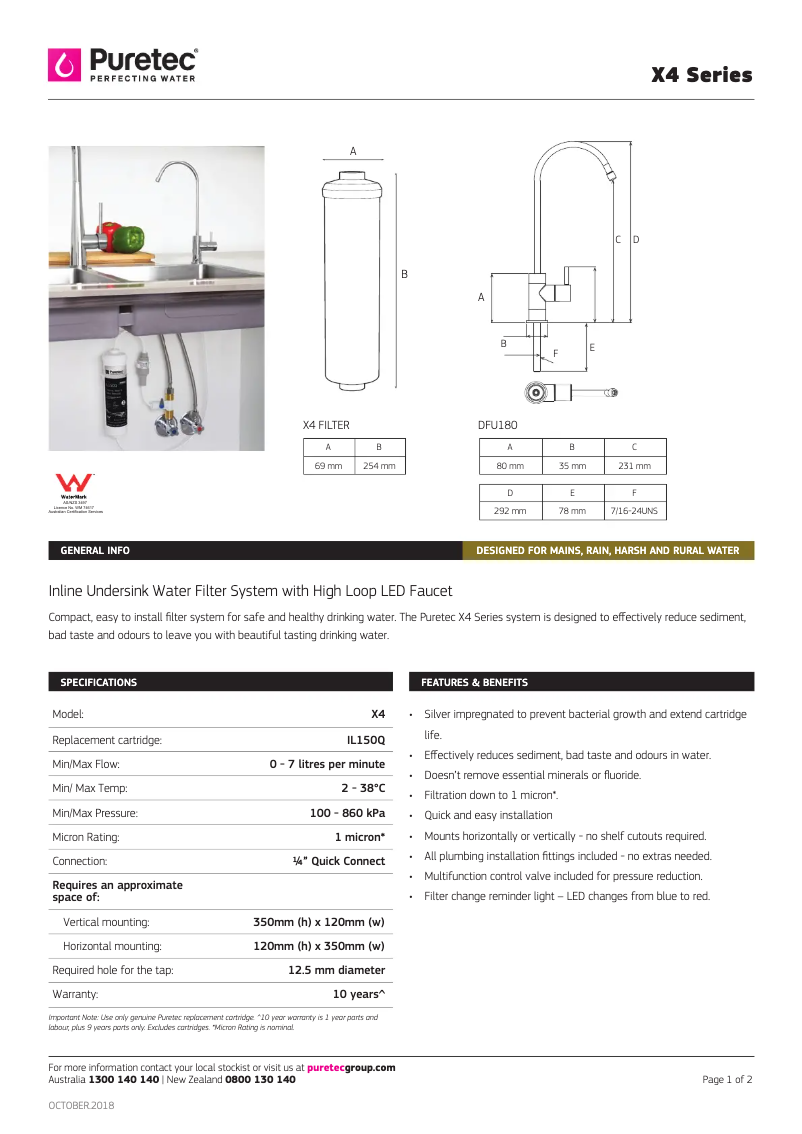 Page 1 de la notice Fiche technique Puretec X4