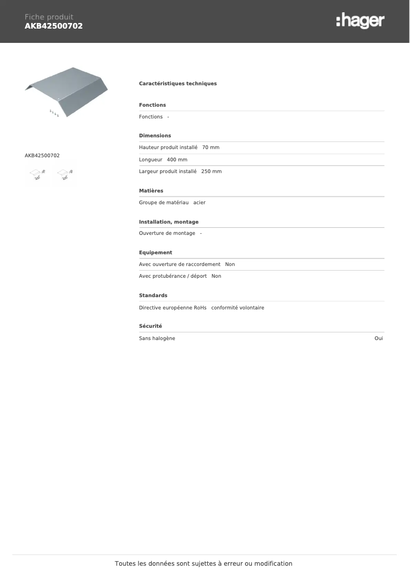 Page n°1 - Manuel utilisateur Hager AKB42500702