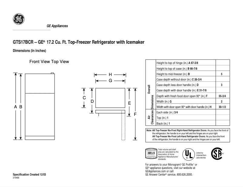 Page n°1 - Fiche technique GE GTS17BCRRWW