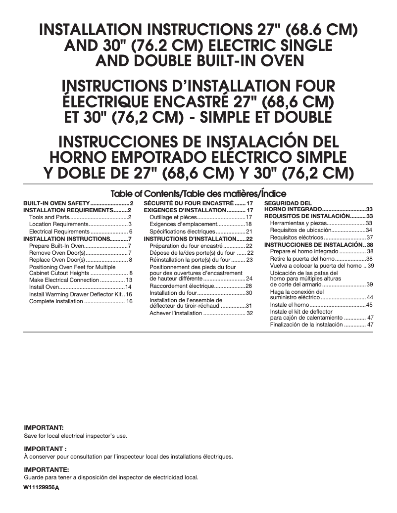 Page 1 de la notice Guide d'installation Whirlpool WOS51EC7HS
