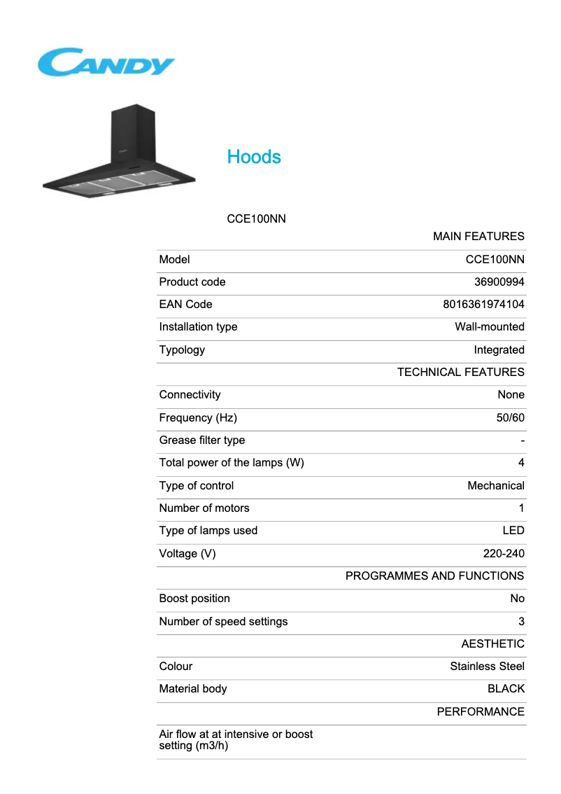 Page 1 de la notice Fiche technique Candy CCE100NN